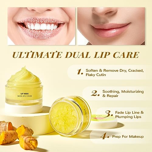 ANAI RUI Lip Care Kit, Lip Sugar Scrub Set, Lip Sleeping Mask & Lip Exfoliator Scrub, Overnight Lip Treatment, Lip Scrub For Dark Lips & Moisturizer for Dry, Chapped, Cracked, Lips, Turmeric