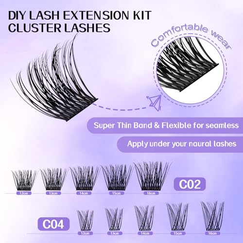 WENDY Lash Extension Kit Lash Clusters Kit D Curl Cluster Lashes 2 Styles Individual Lashes with Lash Bond and Seal Lash Applicator Lash Glue Remover Brush Eyelash Clusters(Fashion/Warm-D Kit,12-16mm)