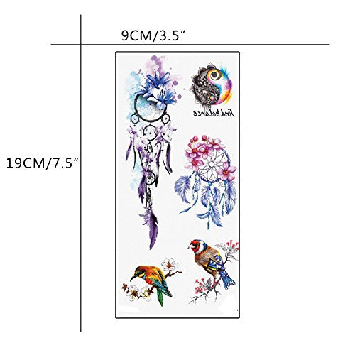 Temporary Tattoo Bird and Purple Dreamcatcher Flower Tattoo Stickers Fake Tattoos for Girl Women 5 Sheets