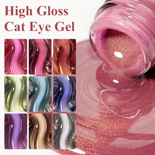 Cat Eye Gel Nail Polish Set-10 Colors with Magnet Cats Eye Gel Polish Silver Pink Blue Jelly Glass Effect Crystal Glitter Cateye UV Kit Home Manicure DIY Nail Art