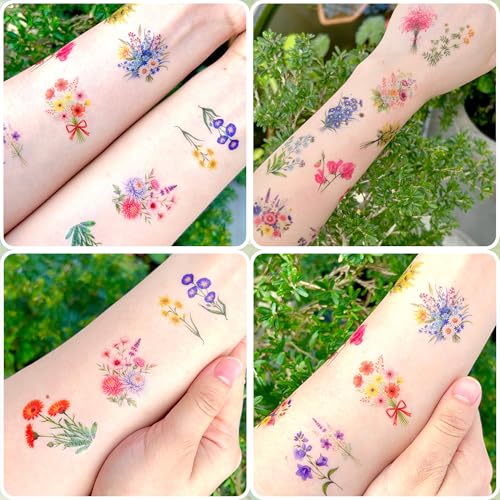 96PCS Wildflower Temporary Tattoos Stickers - Bouquets Flower Themed Birthday Party Favors Floral Birthday Party Decorations Supplies Accessories Gift For Kids Teen Girl Women Classroom Prizes Rewards