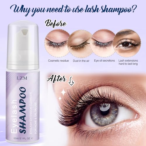 LZM Lash Shampoo Kit for Eyelash Extensions (2.02 fl oz), Lash Cleaner and Lash Wash with Rinsing Bottle, Brush, Reusable & Spoolies, Gentle Eyelash Extension Cleanser for Daily Care