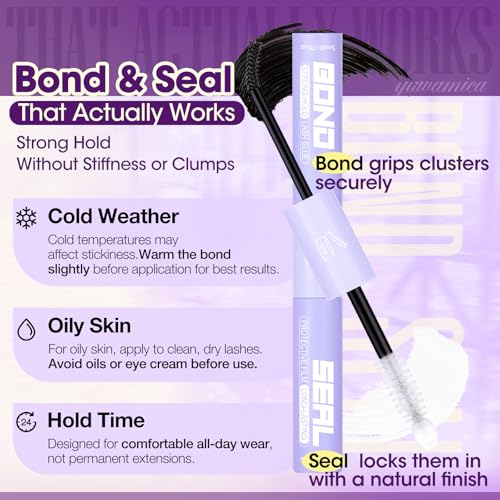 Yawamica Fluffy Lash Clusters Kit Wispy Volume Cluster Eyelash Extensions 12-20mm D Curl Individual Lash Extension Kit with 2-in-1 Lash Bond and Seal and Tweezers for Volume Wispy Lash Look