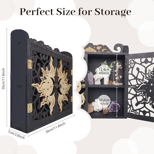 Large Crystal Display Shelf Case for Stones, Carved Sun Crescent Moon Shelf, Trinket Shelf Nail Polish Rack Crystal Holder Essential Oil Storage Rock Cabinet Gem Stone Organizer