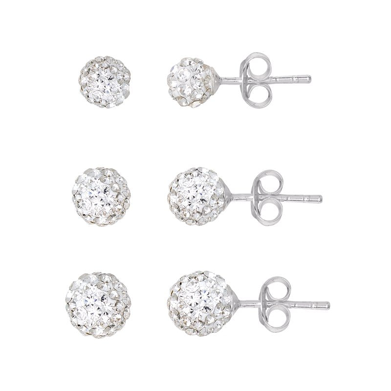 Sterling Silver Crystal Ball Stud Earrings Set - 3 Sizes for Women