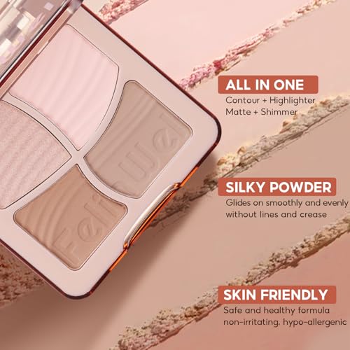 FelinWel Highlight Contour Makeup Palette Effortless Blending Matte Shimmer Highlighter Palette and Bronzer Powder for Cool Toned Skin with Brush