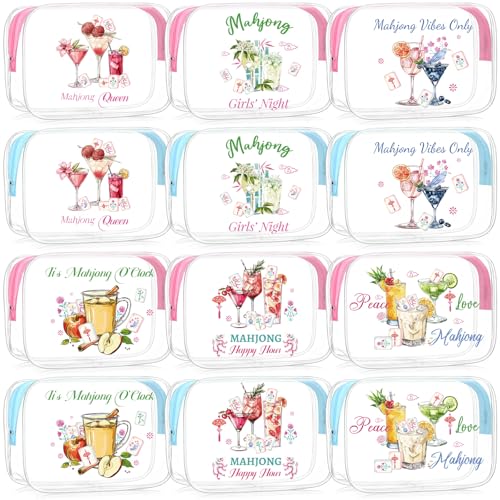 Hsei 12 Pcs Mahjong Cocktail Clear Cosmetic Bag Gifts for Women Mahjong Makeup Bag Waterproof PVC Mah Jong Zippered Pouch for Lover Player Friend Grandma Lucky Mother's Day Birthday New Year Gift