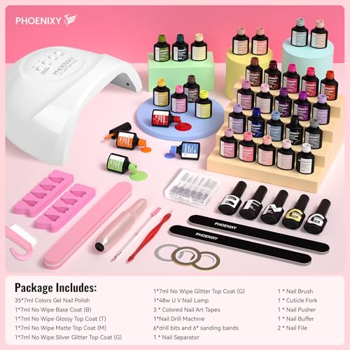 PHOENIXY 53 Pcs Gel Nail Polish Kit with U V Light Nail Drill, 35 Colors Gel Nail Kit Pink 5Pcs Glossy Matte Glitter Gold Silver Top Base Coat for DIY Home Manicure Gift Sets for Women