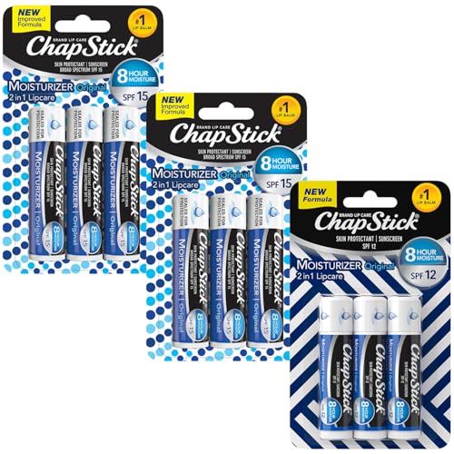 ChapStick Moisturizer 2-in-1 Lipcare 9-Pack (3 SPF 12, 6 SPF 15) ? Original Lip Balm with Broad Spectrum SPF, Aloe & Vitamin E, 0.15 Ea