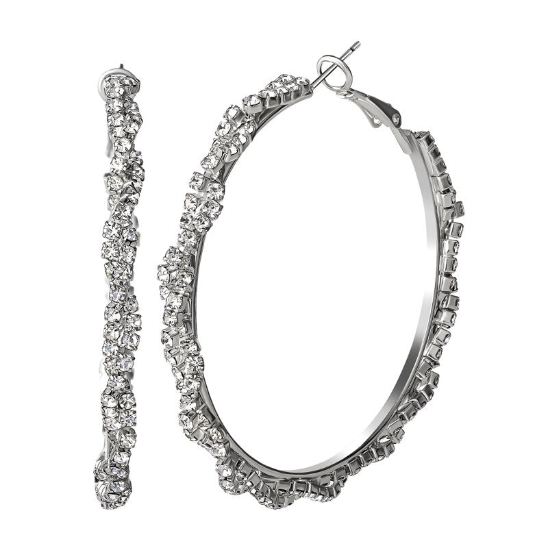 Women's Twisted Rhinestone Hoop Earrings - Silver Tone, Sparkling Jewelry