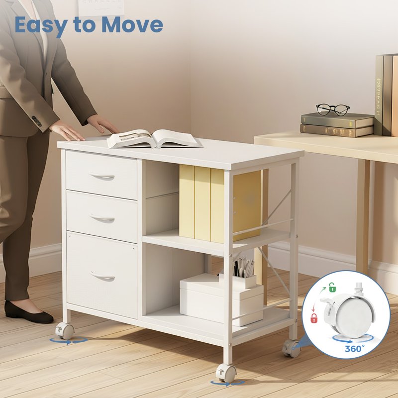 Mobile File Cabinet with 3 Fabric Drawers & Open Shelf - Office Storage