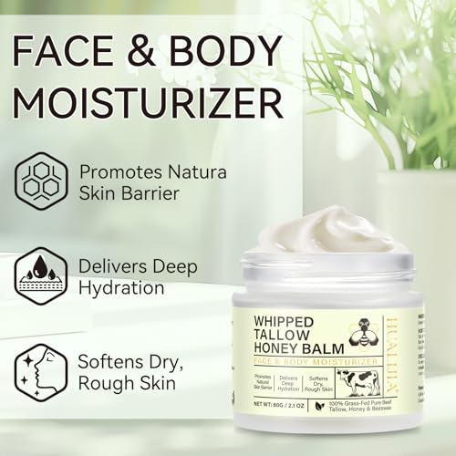 Beef Tallow for Skin, Organic Tallow and Honey Balm, Tallow Face Moisturizer, Grass Fed Whipped Beef Tallow with Honey Beeswax - Deeply Hydrates and Moisturizes Face Body, Unscent, No Greasy