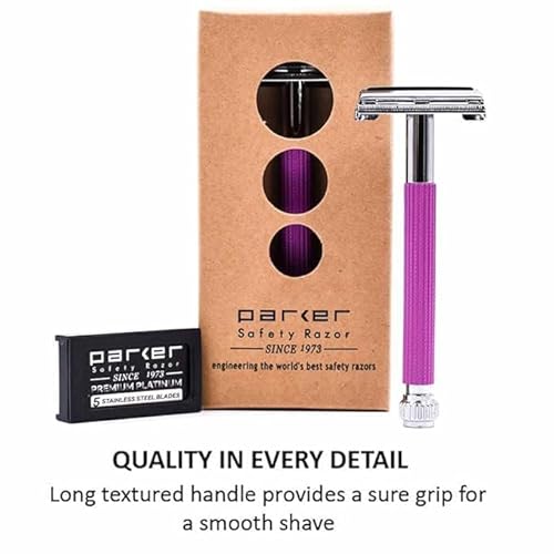Parker 29L Lavender, Long Handle Butterfly Open Double Edge Safety Razor for Women, 5 Parker Premium Platinum Double Edge Razor Blades Included