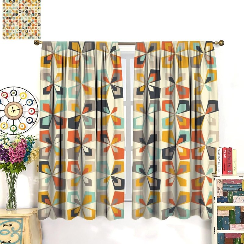 Mid Century Geometric Retro Rustic Style Thermal Insulated Curtain Set - 2 Panels