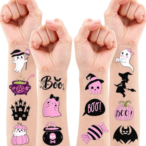 Pink Black Halloween Temporary Tattoos - Baby Shower 80 PCS Boo I'm Two Ghost Witch Hat Themed Stickers for Kids Birthday Party Supplies, Decorations, Favors, and Prizes, Cute Gifts for Boys and Girls