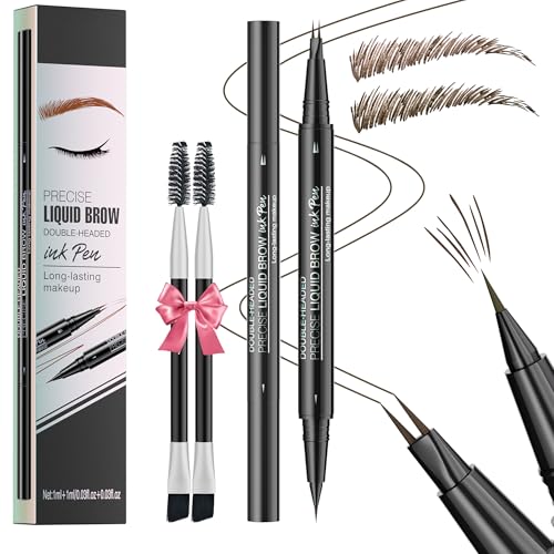NinjaTiger Eyebrow Pencil Brow Pen - 2-Pack 2-IN-1 Dual-Ended Eye Brow Pencils 2-Fork-Tip Microblading Eyebrow Pen for Women Waterproof Eyebrow Pen with Brow Brushes Dark Brown £¦ Black Brown