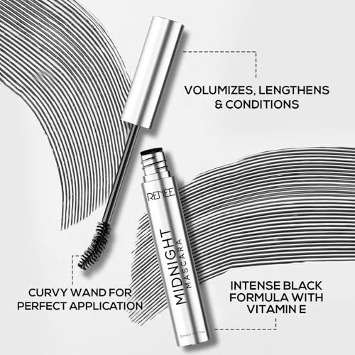 RENEE Midnight Mascara with Unique 360-Degree Wand, Darkest Black, Clump-Free & Long-Lasting Formula, Volumizes, Lengthens & Nourishes, Infused with Vitamin E