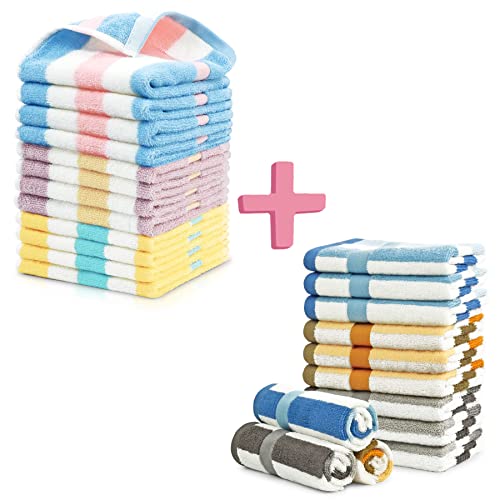 Striped Washcloths 24 Pack 6-Color Bundle - Cotton Wash Cloths for Body and Face 13 x 13 Inches