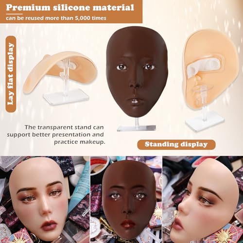 Silicone Makeup Practice Face Board Kit, Mannequin Face for Makeup Practice with Brushes Set & Eye Shadow & Rhinestones Sticker-Black