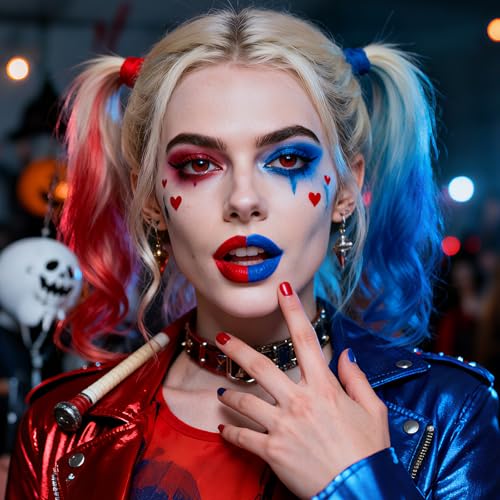 Halloween Makeup Kit for Harley Quinn Cosplay, Red Liquid Eyeliner Stamp, Red and Blue Face Body Paint Stick, Costume Accessories for Harley Quinn Cosplay SFX Looks