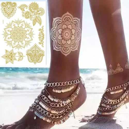 Henna Tattoos, Gold Henna Temporary Tattoos Stickers for Women Wedding Party Festivals, & Parties Decoration Suppliers 6Sheets (gold)