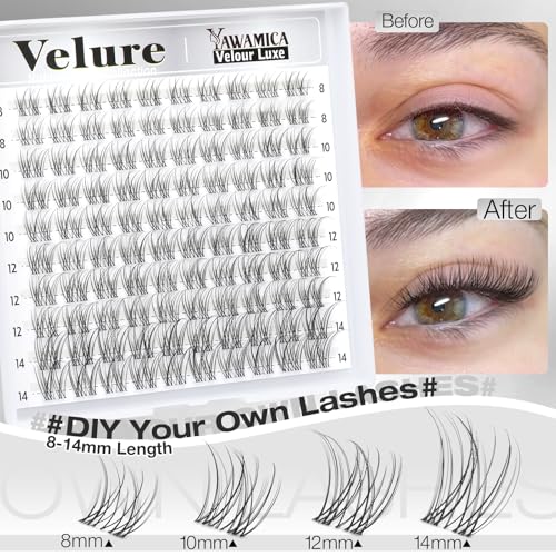 Natural Lash Clusters Velure Eyelash Clusters 8-14mm CC Curl Wispy Cluster Eyelash Extensions Clear Band Individual Lashes Soft Reusable DIY Cluster Lashes Extension for Natural Daily Look by Yawamica