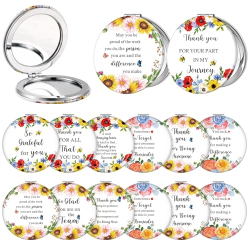 Sintuff 12 Pcs Inspirational Compact Mirror Bulk Thank You Gift Appreciation Gift Pocket Mirror for Women Folding Handheld Double Sided Mirror 1x/2x Gift for Women Coworker Employee Nurse