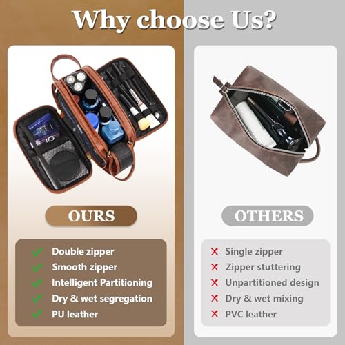 Travel Toiletry Bag for Men,Mens Shaving Bags for Toiletries,Men's Toiletry Travel Bag PU Leather,Personalized Travel Essentials,Birthday Gifts For Men,Brown- M