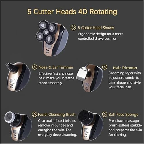 Men's Electric Bald Razor, 5 in 1 Bald Men's Head Shaver, IPX7 Waterproof Shaver Heads, Nose Hair Sideburn Trimmer, USB Rechargeable Bald Head Razor