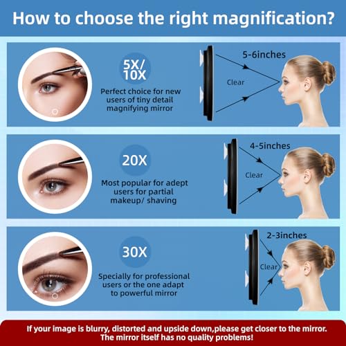30X Magnifying Mirror with Lights, 30x Magnified Mirror with 3 Color Lights Adjustable Brightness, Rechargeable 6inch Travel Magnification with 3 Suction Cups - Includes Tweezers & Scissors