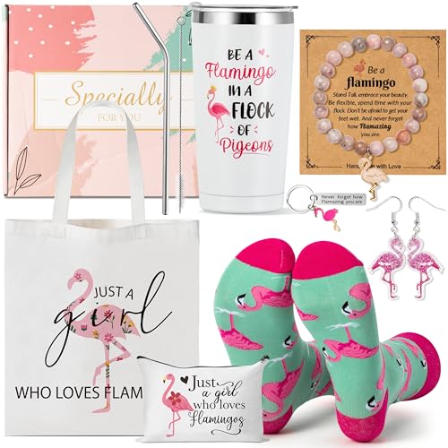Y1tvei Flamingo Canvas Bag Gifts - 11Pcs Just A Girl Who Love Flamingos Canvas Tote Bag Makeup Pouch, Thermos Cup Stockings Pink Bracelet Card Adorable Earrings Keychain, Flamingo Lover Gift for Girls