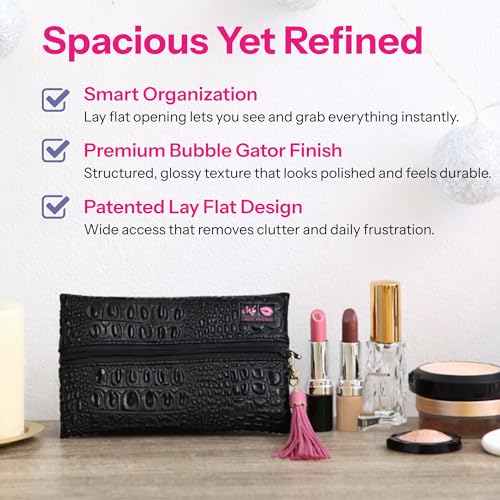 Makeup Junkie Mini Makeup Bag - Bubble Gator Onyx - Patented Lay Flat Travel Toiletry Bag for Women - 4" x 7" Handmade USA Cosmetic Pouch with Wipeable Lining