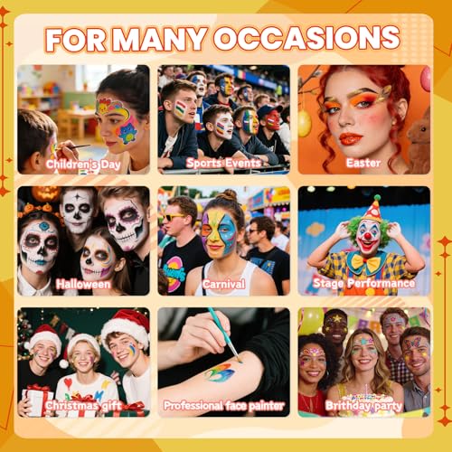 Face Painting Kit for kids, 28 Colors Oil Palette Professional Face Body Paint Kit with 10 pcs brushes, 41 stencils, 10 sponges, 6 Glitter Gel, 2 Facepaint Stick for Adults Halloween Christmas