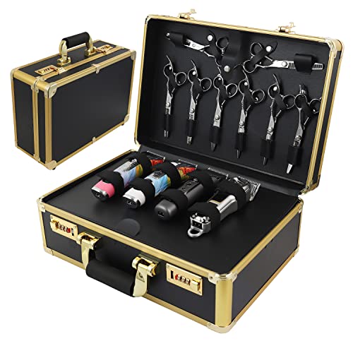 Barber Case Clipper Bag Gold, Hair Kit Tool Box Aluminum Organizer with Portable Handle and Secure Numlock for Scissors, Clippers, Barber Supplies 15.7" x 12" x 6.1"
