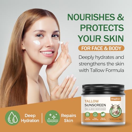 Beef Tallow Sunscreen SPF 50 - Organic Mineral Sunscreen with Zinc Oxide - Non-Toxic Natural Sunblock for Face & Body - Water Resistant, Reef Safe, Moisturizing for Dry and Sensitive Skin