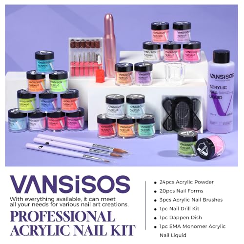 Acrylic Nail Kit for Beginner: Complete Set with 24 Colors Acrylic Powder & Liquid Long Last Durable Quick Dry for Nail Manicure with Nail Drill and Basic Accessories