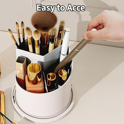 Makeup Brush Holder Organizer with 360¡Æ Rotating Lid Dustproof Makeup Brushes Organizer for Vanity Desktop Bathroom Countertop Clear Cover Easy Visibility (White)