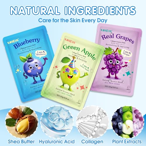24 Pack Fruit Kids Face Mask, Collagen Hydrating Face Masks Skincare for Teens Girls, Skin Care for Kids, Spa Party Supplies and Bulk Birthday Gifts for Women, Easter Basket Stuffers