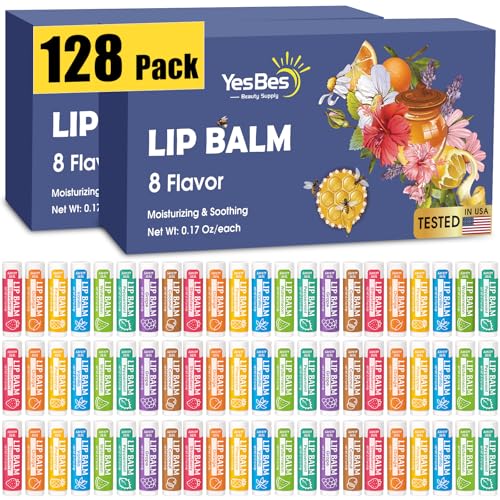 128 Pack Lip Balm, Natural Lip Balm Bulk with Vitamin E and Coconut Oil, Moisturizing Lip Balms for Dry Cracked Lips, Lip Balms for Valentines Gifts Stocking Stuffers - 8 Flavors