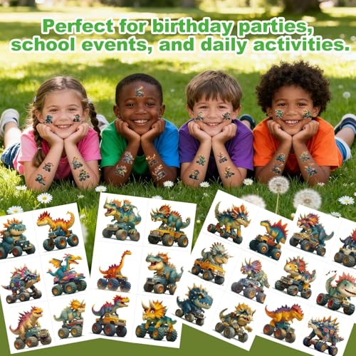117 PCS Monster Truck Dinosaur Temporary Tattoos for Kids, 3D Cartoon Themed Pre-Cut Fake Tattoo Stickers, Birthday Party Favor Supplies and Decorations, Rewards Prizes for Boys and Girls
