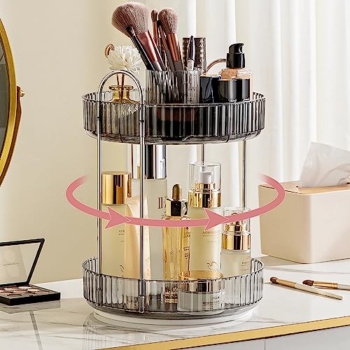360 Rotating Makeup Organizer, Large Capacity Bathroom Organizer Countertop, 2 Tiers Make Up Organizers and Storage for Vanity, for Perfume, Skincare, Cosmetics, Lipsticks, Smoky Gray
