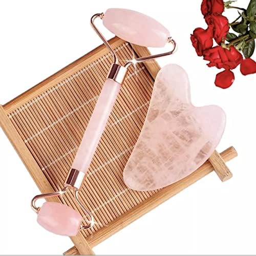 Face Roller & Gua- Sha Natural Rose Quartz Cold Facial Set For Puffy eyes | By Organic Touch Beauty | Boost Blood Circulation | Minimizes Wrinkles Pores and Fine Lines | Lymphatic Drainage