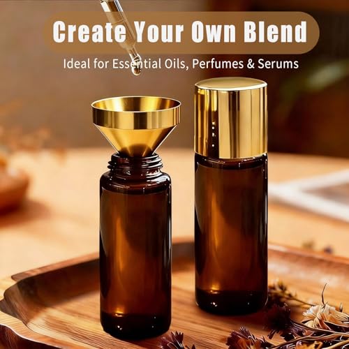 5 Pack Rose Quartz Roller Bottles for Essential Oils, 50ml Refillable Amber Glass Roll On Bottles with Natural Crystal Roller Balls, Leak-Proof Travel Perfume Bottle with Gold Caps