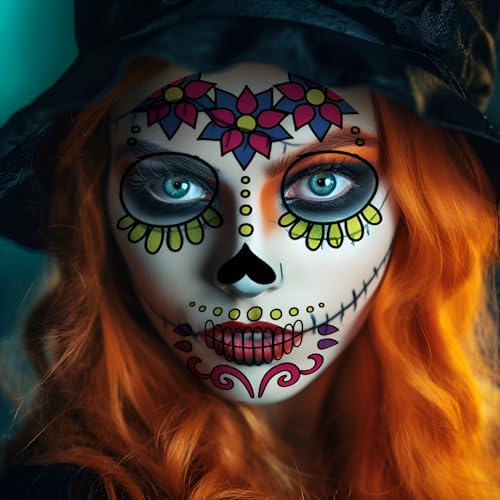 9-Pack Day of the Died Skeleton Face Temporary Tattoo Stickers ? Perfect for Halloween, D?a de los Muertos, and Cosplay for Adults and Kids