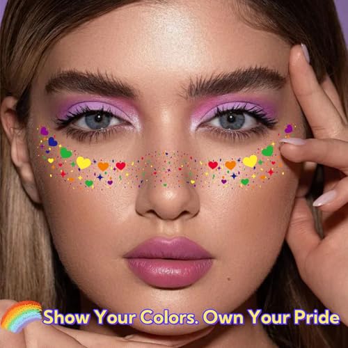 Glitter Freckles Rainbow Pride, 6-Pack Face Tattoo Sparkle Heart Freckles Makeup Patches for Face Rave Accessories (Pride Rainbow)