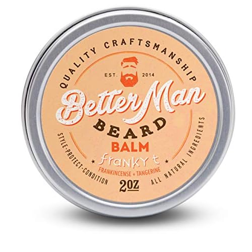 BETTER MAN BEARD Franky T Balm (Frankincense + Tangerine) - 2 oz All-Natural Moisturizing Beard Balm with Therapeutic Grade Essential Oils & 100% Natural Formula - BLM-FRT2
