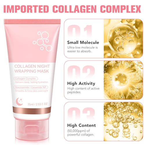 Collagen Night Wrapping Mask, Collagen Face Mask, Collagen Sleeping Mask, Collagen Facial Mask for Elasticity & Hydration, Hydrates and Tightens Skin, Reduces Sagging
