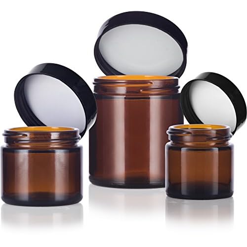 JUVITUS 12 piece Amber Glass Straight Sided Jar Multi Size Set : Includes 4 -1 oz, 4 -2 oz, and 4 -4 oz Amber Glass Jars with Black Lids + Spatulas for Aromatherapy, Essential Oils, Travel and Home