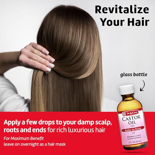 De La Cruz Castor Oil - 100% Pure Expeller Pressed Castor Oil for Nourishing Skin, Hair, Eyelashes, and Eyebrows - Natural Laxative USP Grade, 2 FL Oz (2 Bottles)