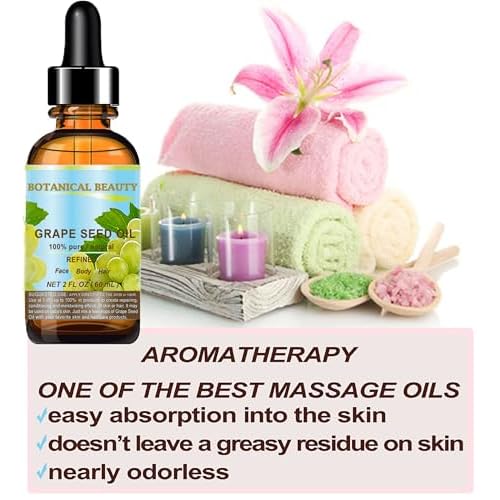 Botanical Beauty GRAPE SEED OIL 100% Pure Natural Undiluted Refined Cold Pressed Carrier Oil for Face, Skin, Body, Hair, Massage, Lip, Nails (2 Fl Oz 60 ml)
